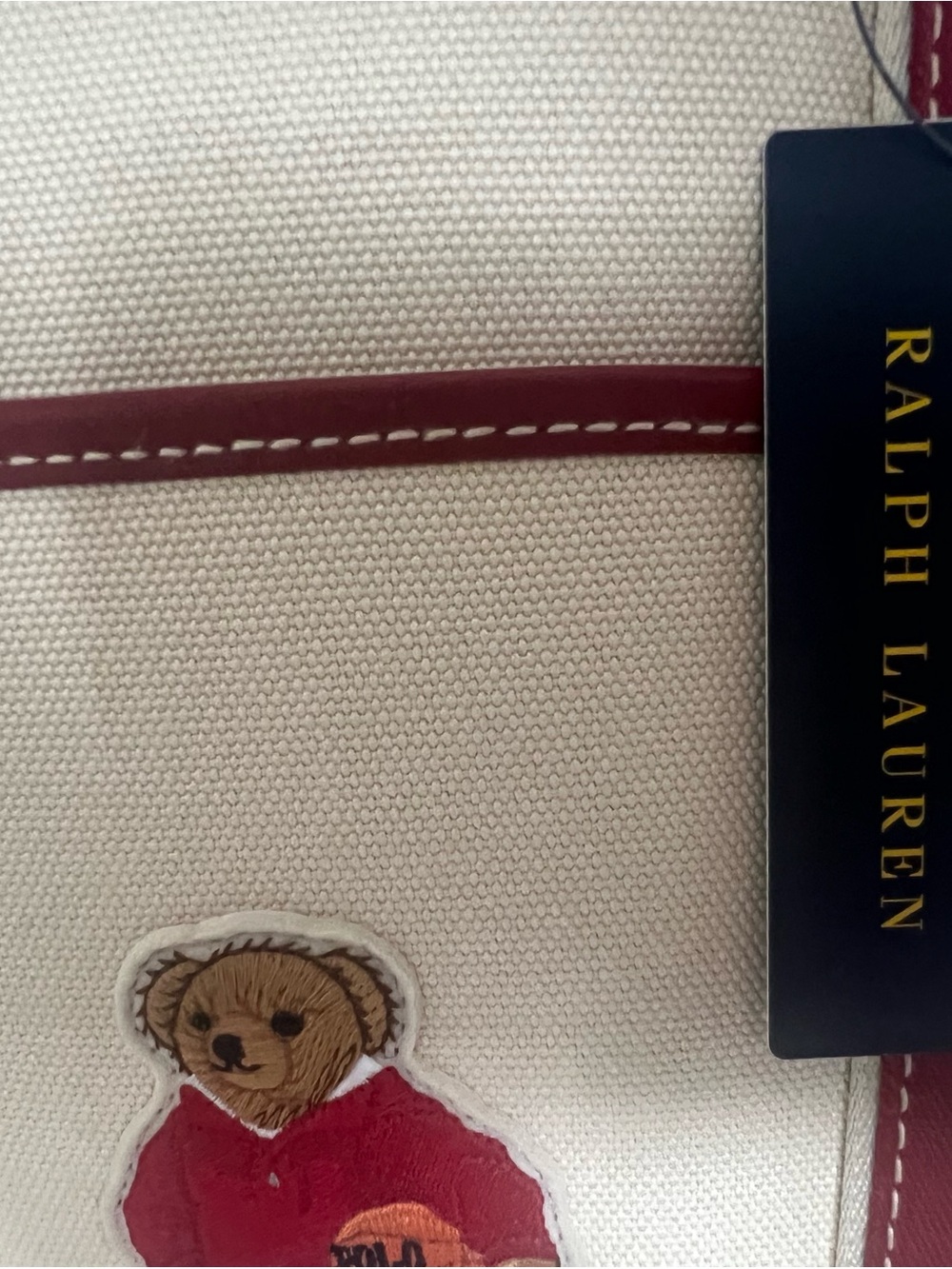 Polo Ralph Lauren Canvas Tote Bag with Polo Bear Patch – Cream & Burgundy (NWT) - Picture 5 of 6